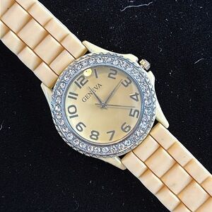 Geneva Cream and Silver Silicon Watch Clear Rhinestone Bezel New Battery EUC